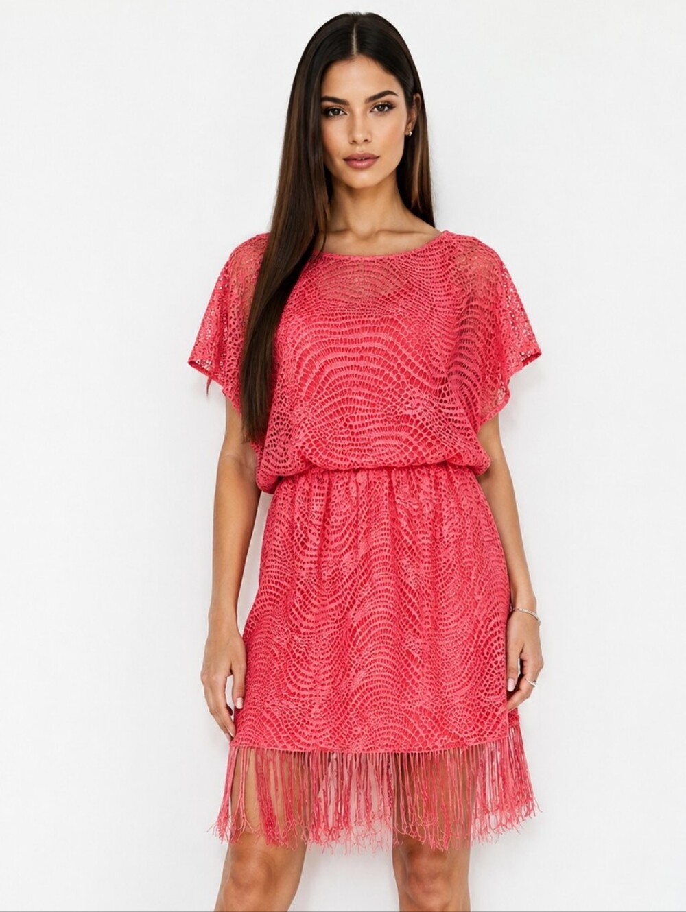 Anne Michelle Coral Pink Lace Midi Dress with Fringe Hem